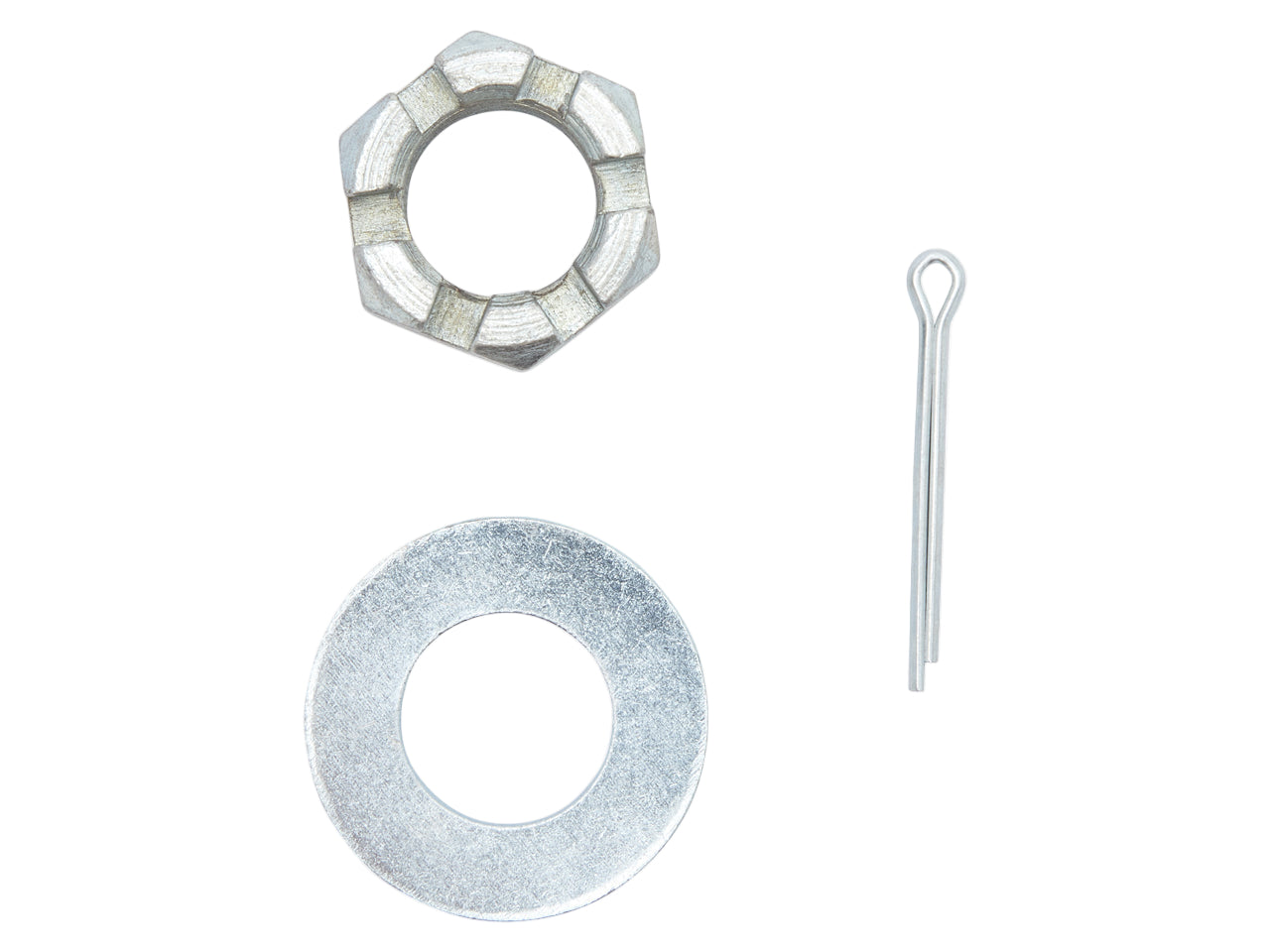 Metal washer, metal ring, and metal pin on a white background