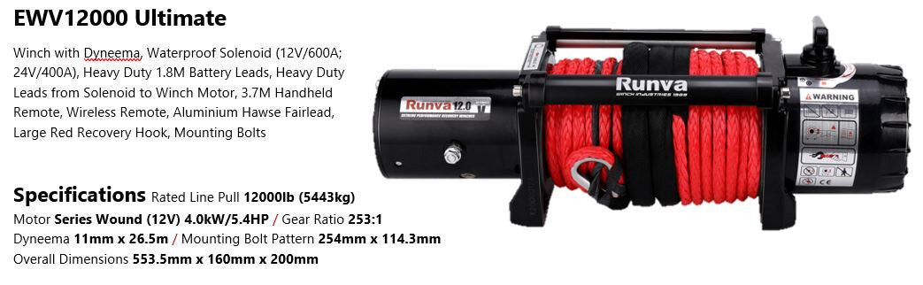 Runva EWV12000 Ultimate Winch 24V with Steel Cable