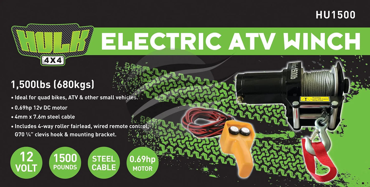 ELECTRIC ATV WINCH 1500lbs 12v STEEL CABLE