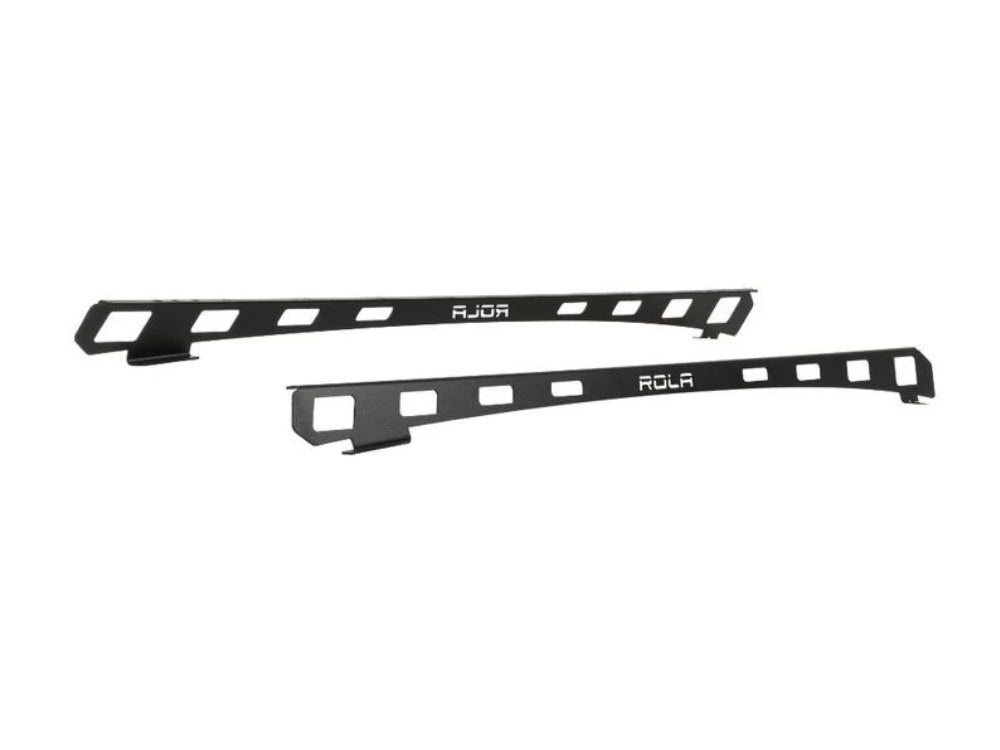Two black metal strips with 'ROLA' branding on a white background