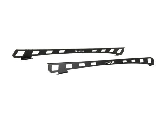 Two black metal strips with 'ROLA' branding on a white background