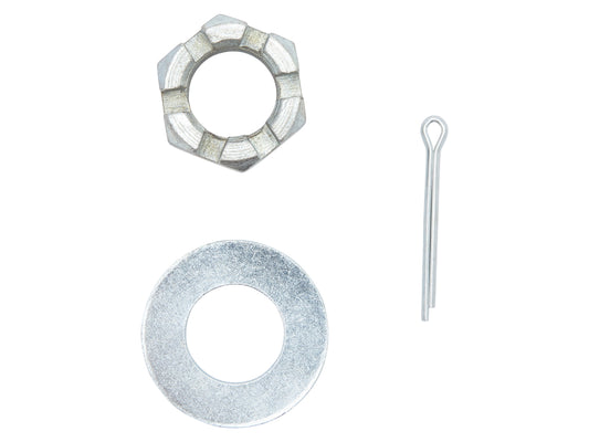 Metal washer, metal ring, and metal pin on a white background
